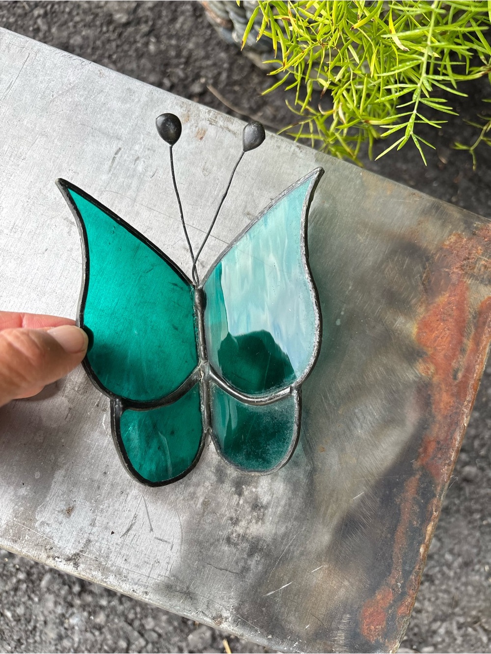 Pretty Green Stained Glass Butterfly, Soldered Metal, Fragile, Garden, Nature
